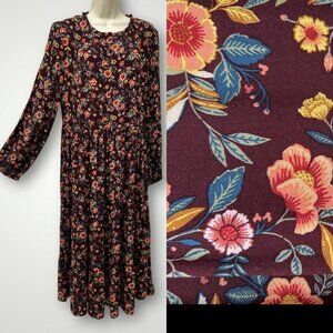 Size L Rayon Dress Modest Cottagecore Burgandy Floral Ruffle Old Navy